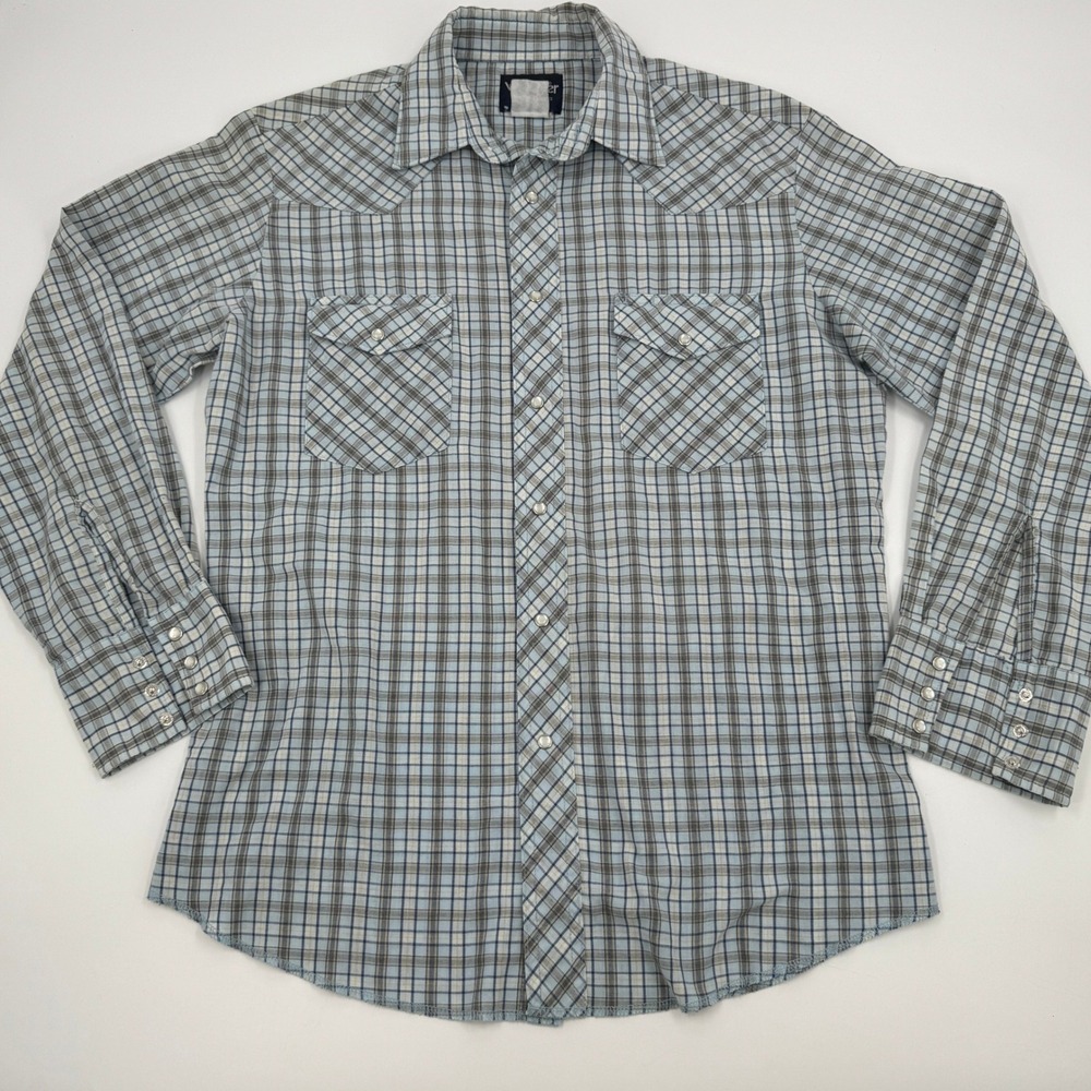 Vintage Wrangler Western Shirt Mens L Light Blue Plaid Pearl Snap Long Sleeve